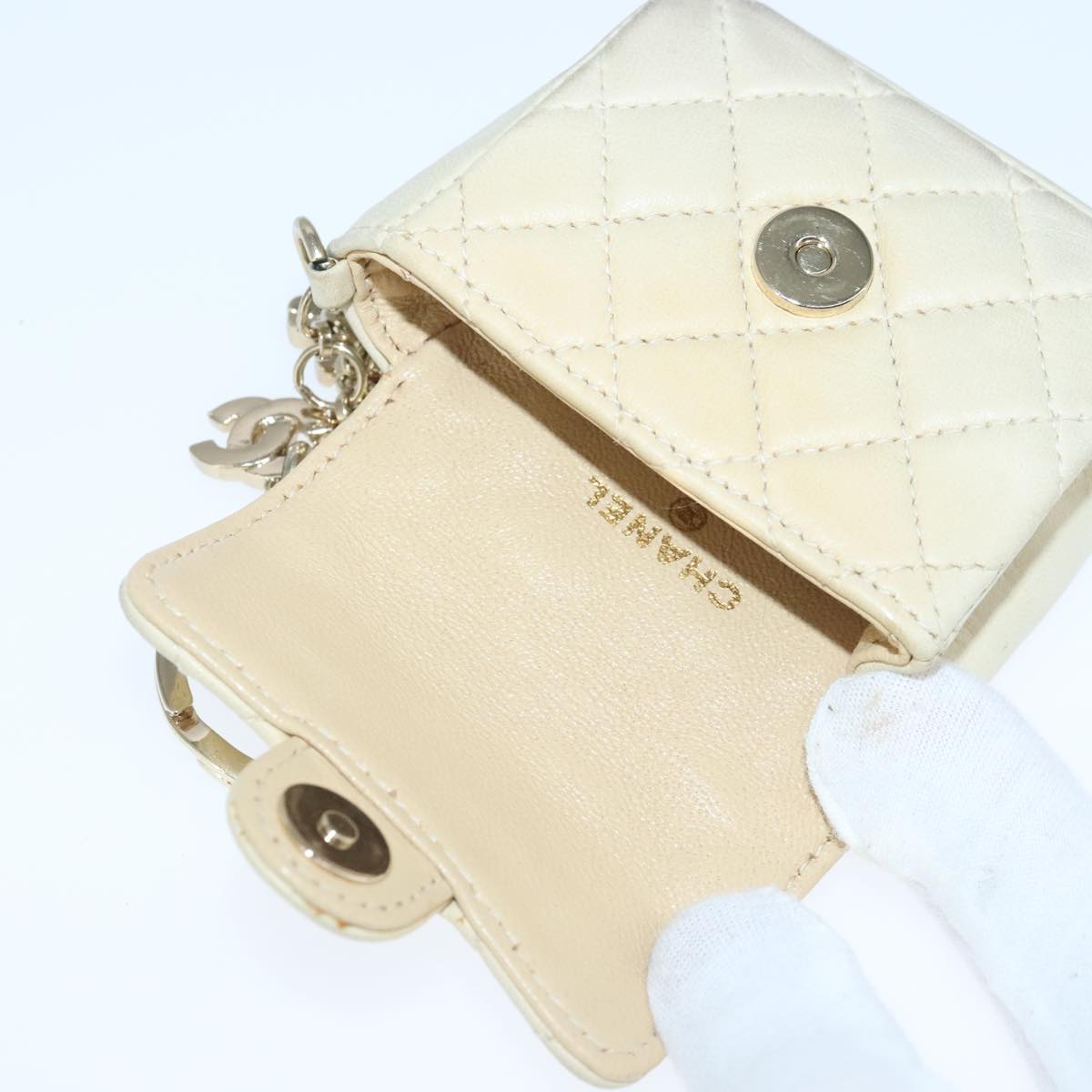 CHANEL Mini Mini Matelasse Charm Lamb Skin Beige CC Auth bs20245