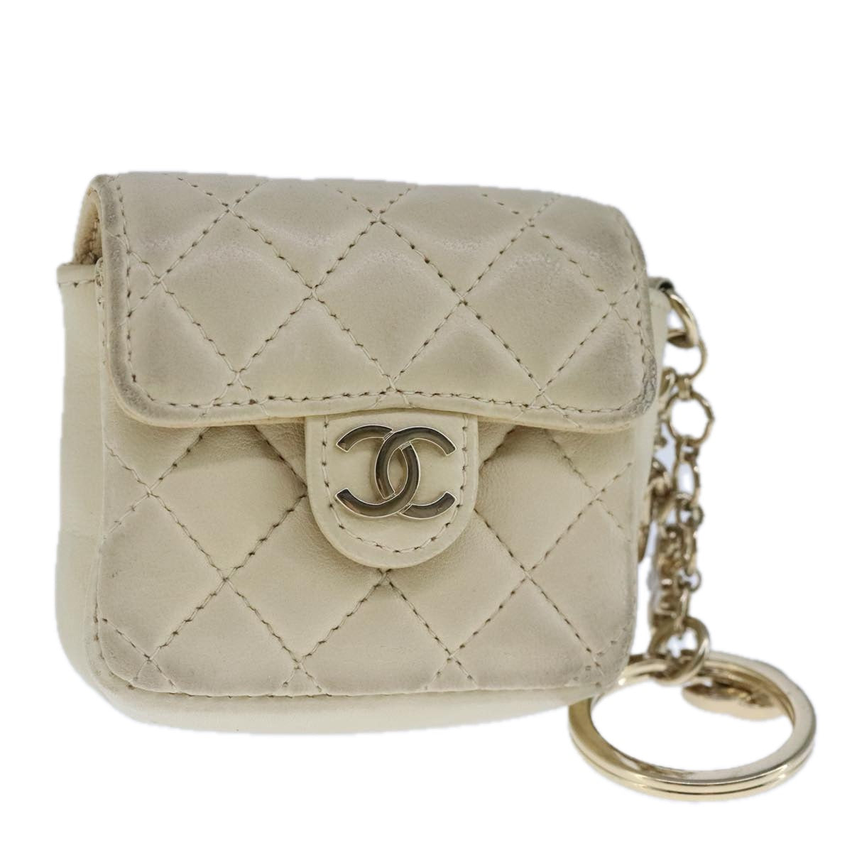 CHANEL Mini Mini Matelasse Charm Lamb Skin Beige CC Auth bs20245