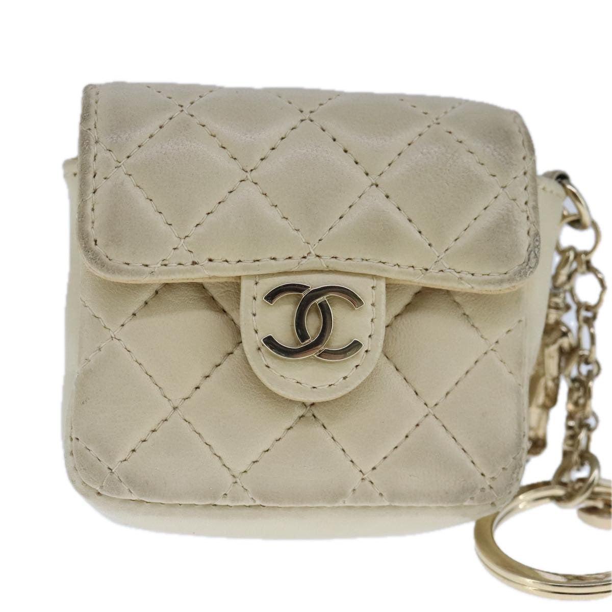 CHANEL Mini Mini Matelasse Charm Lamb Skin Beige CC Auth bs20245 - 0