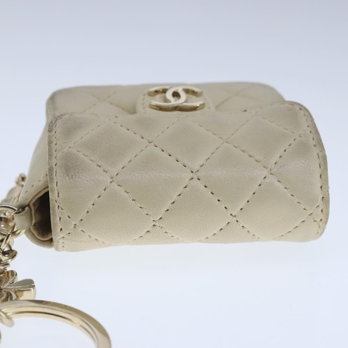 CHANEL Mini Mini Matelasse Charm Lamb Skin Beige CC Auth bs20245