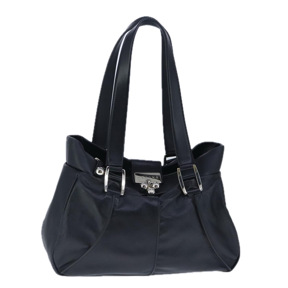 CELINE Tote Bag Leather Silver Black Auth bs20248