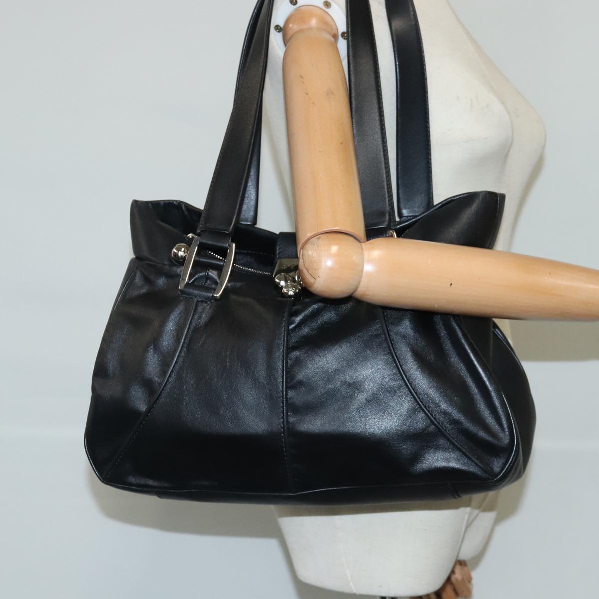 CELINE Tote Bag Leather Silver Black Auth bs20248