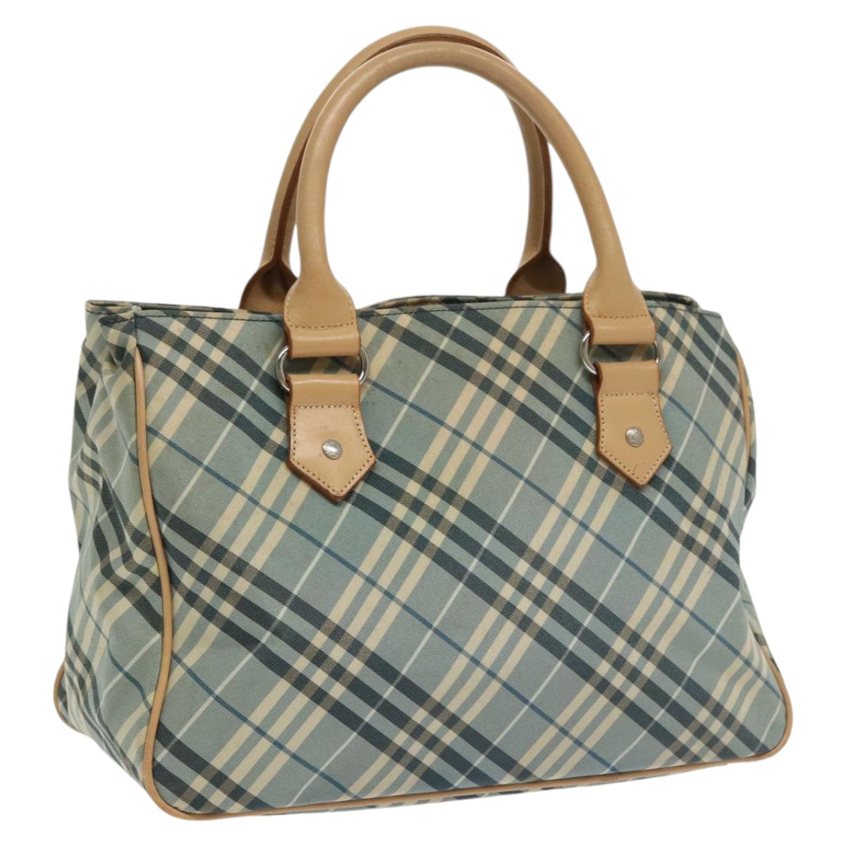 BURBERRY Nova Check Blue Label Hand Bag Nylon Blue Beige Silver Auth bs20254