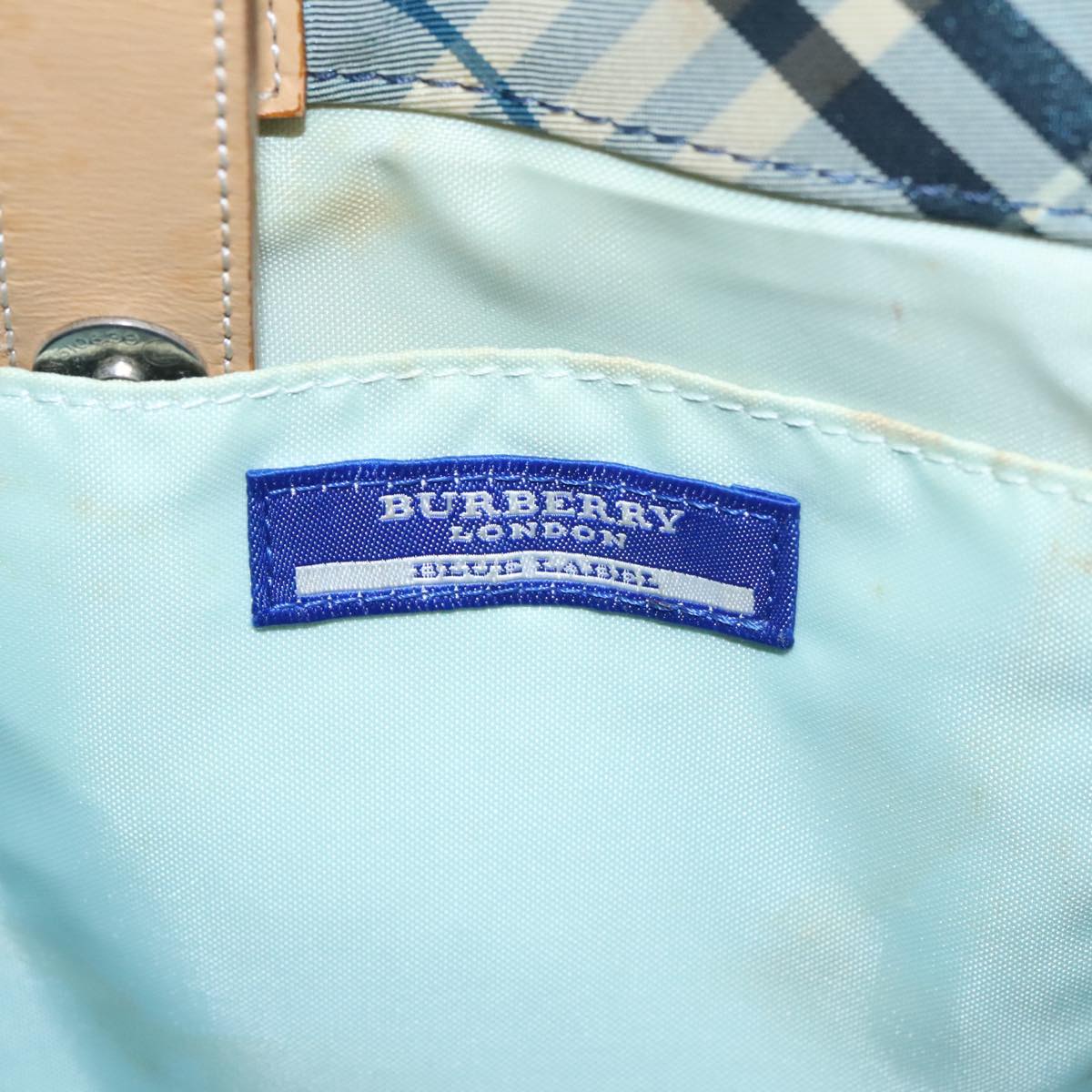 BURBERRY Nova Check Blue Label Hand Bag Nylon Blue Beige Silver Auth bs20254