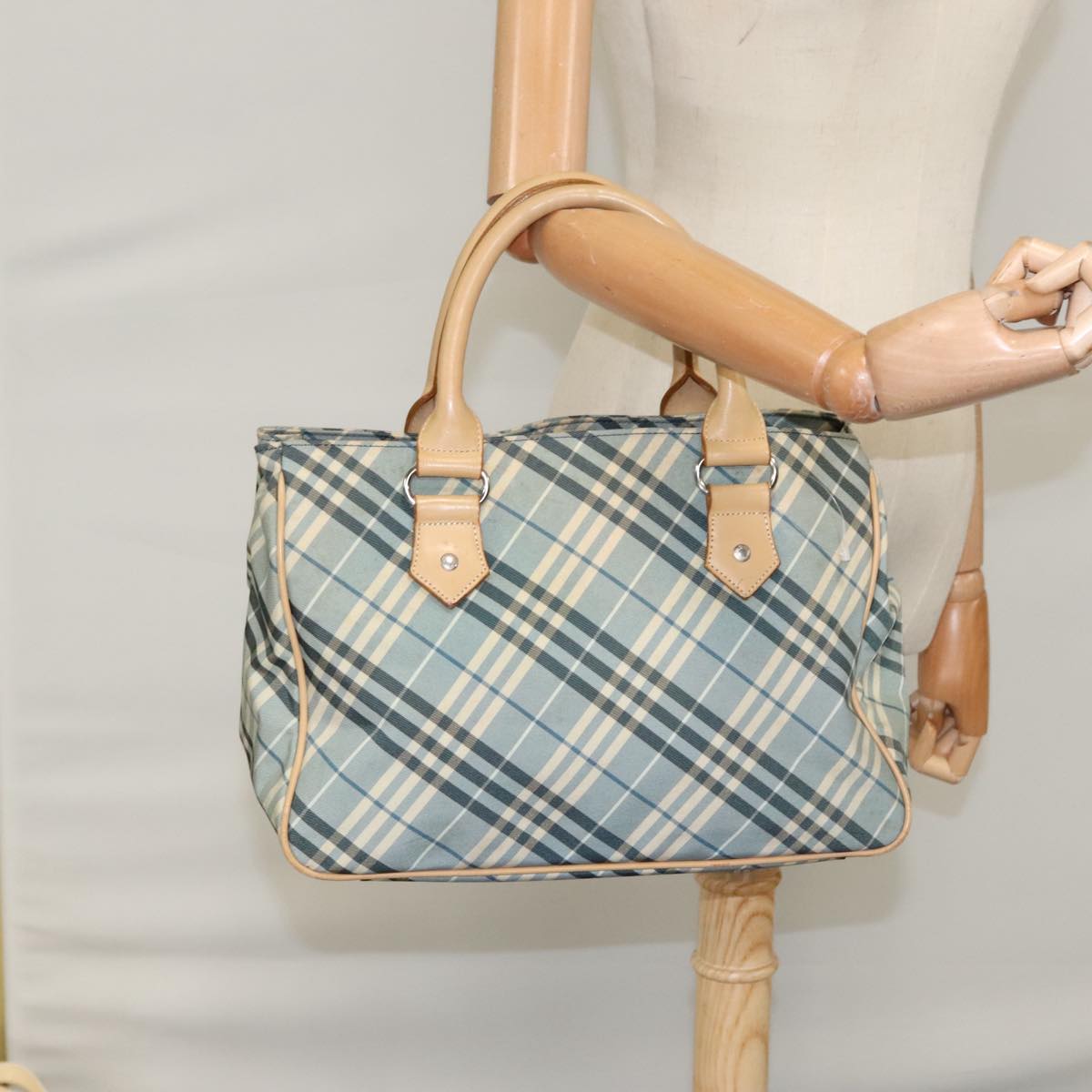 BURBERRY Nova Check Blue Label Hand Bag Nylon Blue Beige Silver Auth bs20254