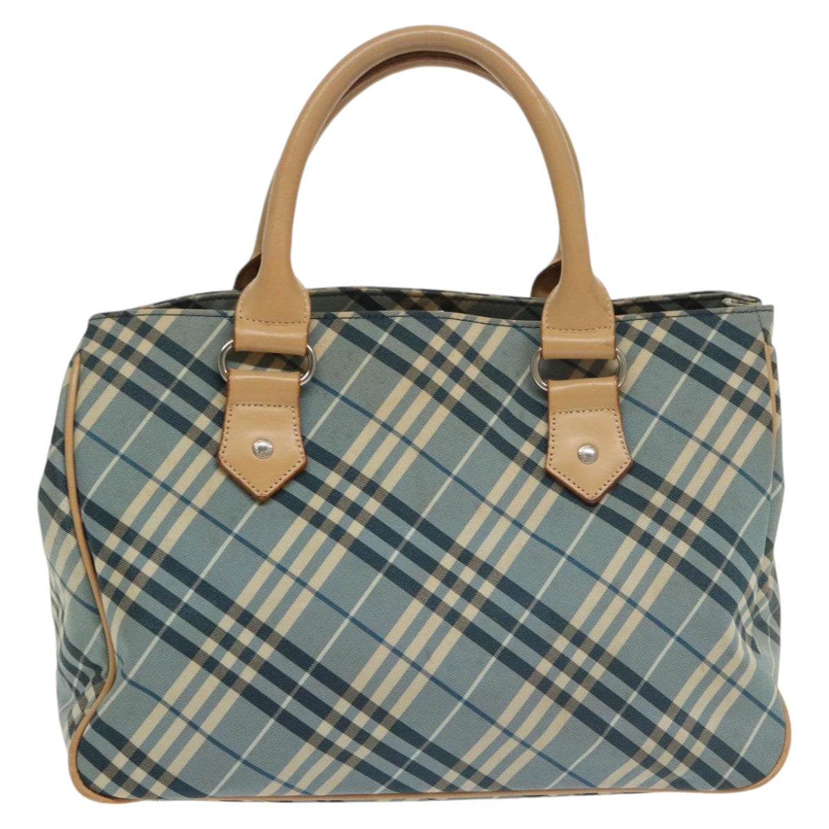 BURBERRY Nova Check Blue Label Hand Bag Nylon Blue Beige Silver Auth bs20254