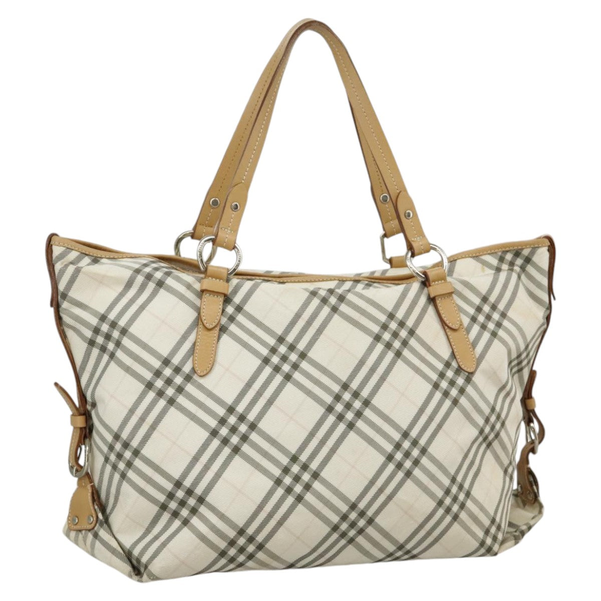 BURBERRY Nova Check Blue Label Tote Bag Canvas White Silver Auth bs20255