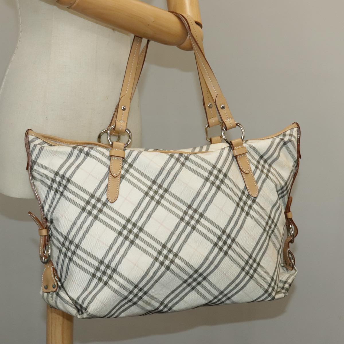 BURBERRY Nova Check Blue Label Tote Bag Canvas White Silver Auth bs20255