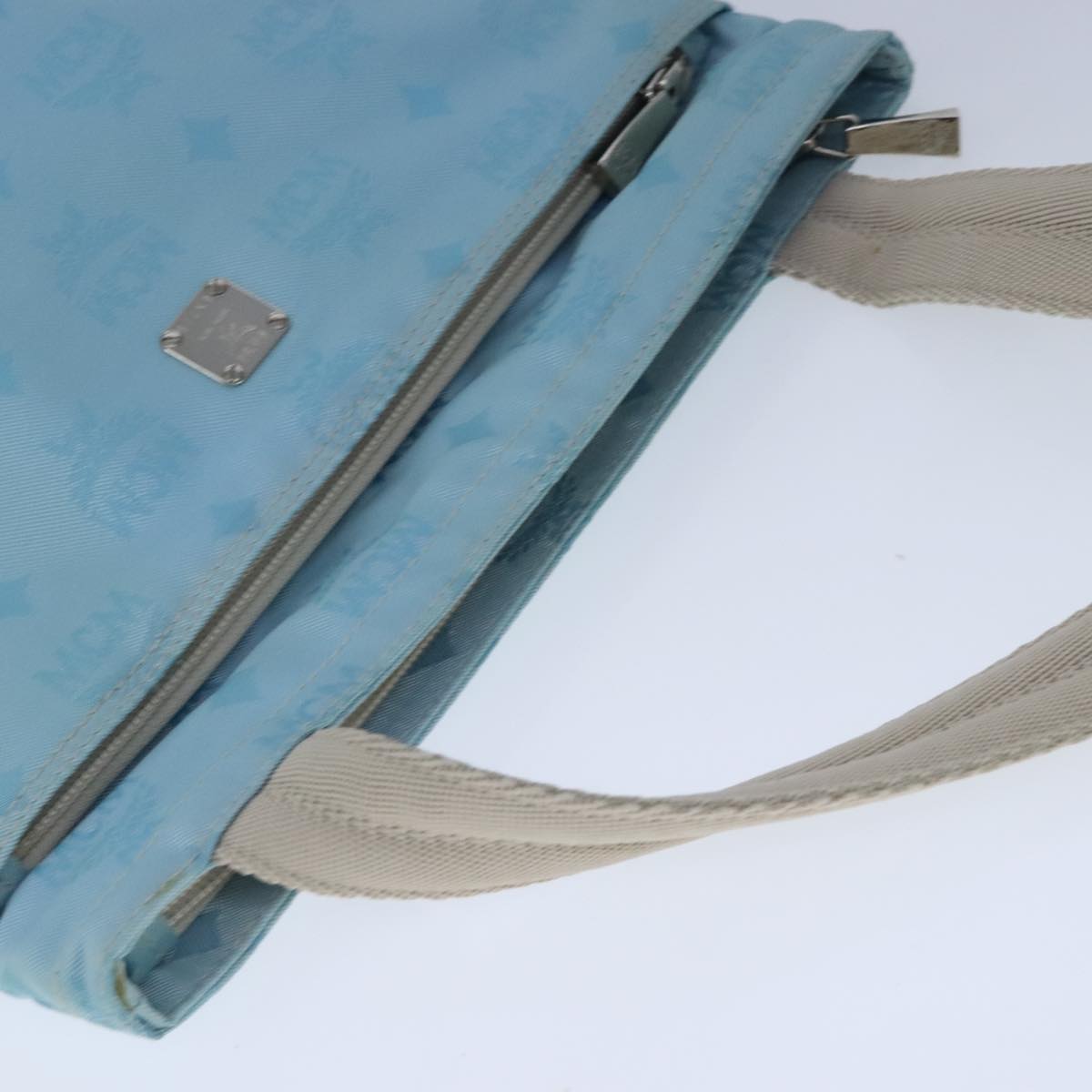 MCM Vicetos Logogram Shoulder Bag Nylon Light Blue Gray Silver Auth bs20258