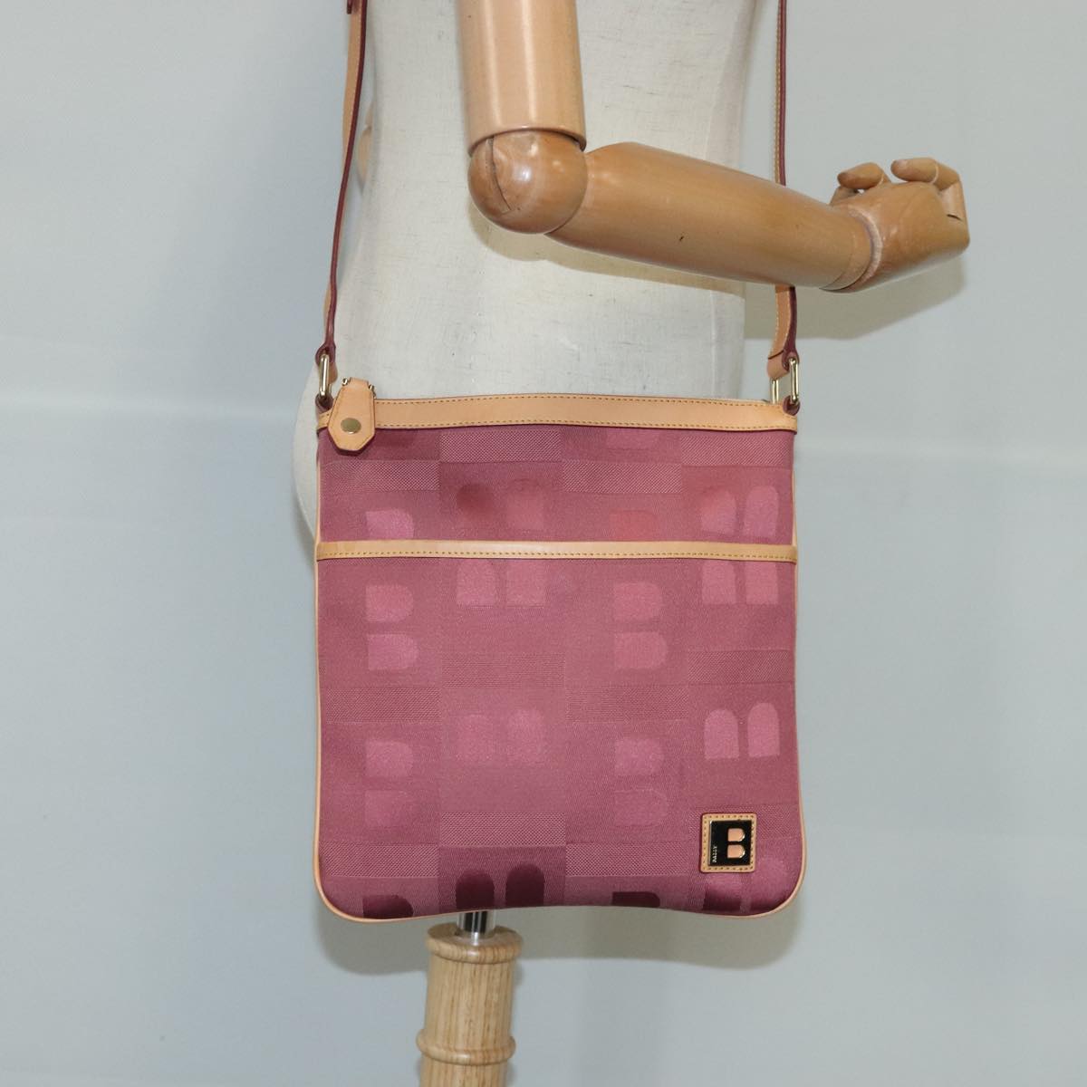 BALLY Shoulder Bag Canvas Leather Pink Brown Gold Auth bs20262