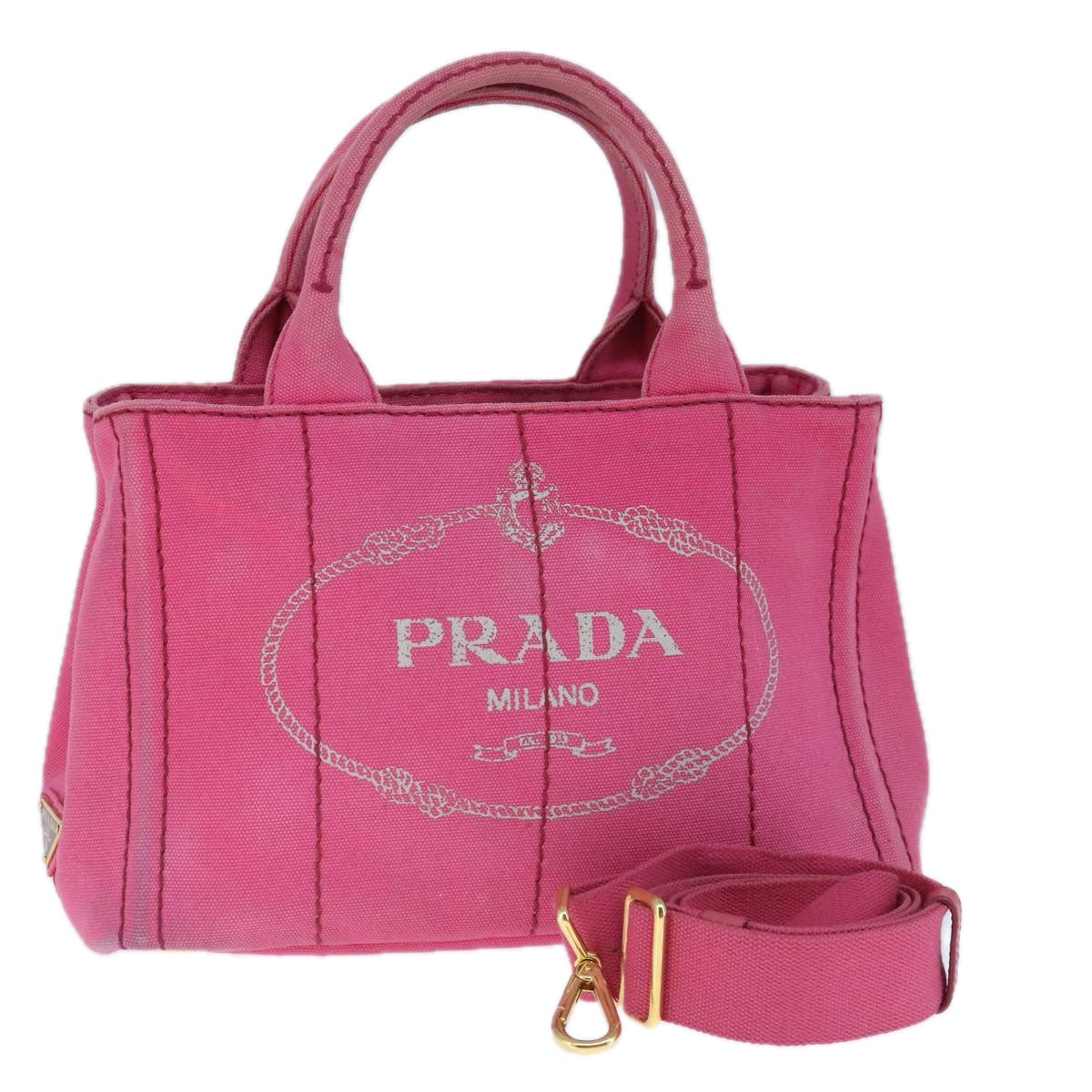 PRADA Canapa PM Hand Bag Canvas 2way Pink Gold Auth bs20265