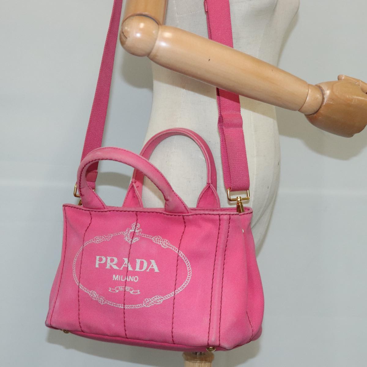 PRADA Canapa PM Hand Bag Canvas 2way Pink Gold Auth bs20265