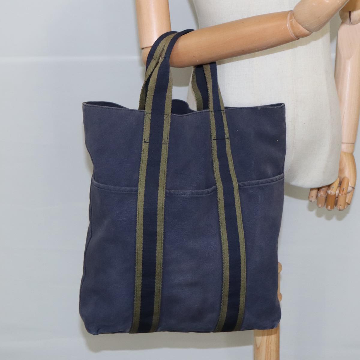 HERMES Fourre Tout cabas Tote Bag Canvas Navy Khaki Auth bs20268