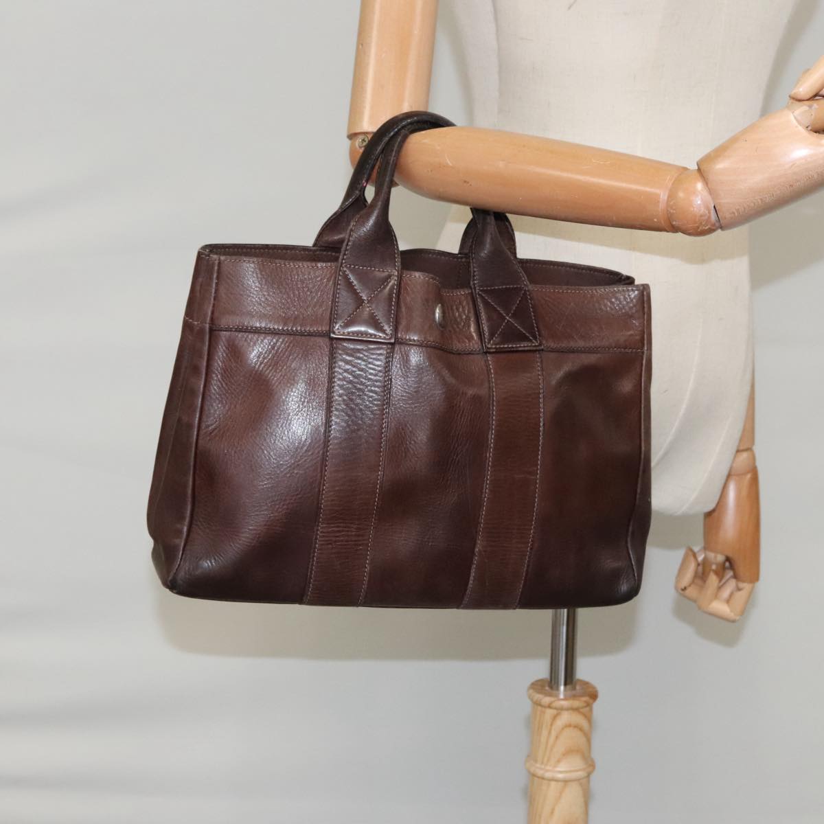 HERMES Fourre Tout PM Hand Bag Leather Brown Silver Auth bs20270