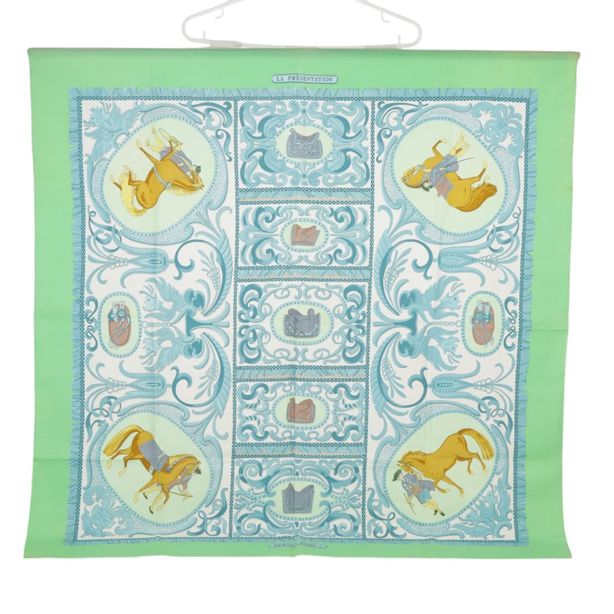 HERMES Carre 90 Scarf ""LA PRESENTATION"" Silk Green Light Blue Auth bs20295