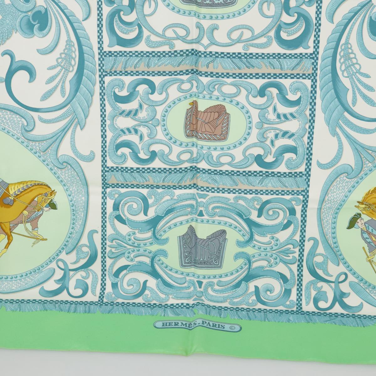 HERMES Carre 90 Scarf ""LA PRESENTATION"" Silk Green Light Blue Auth bs20295