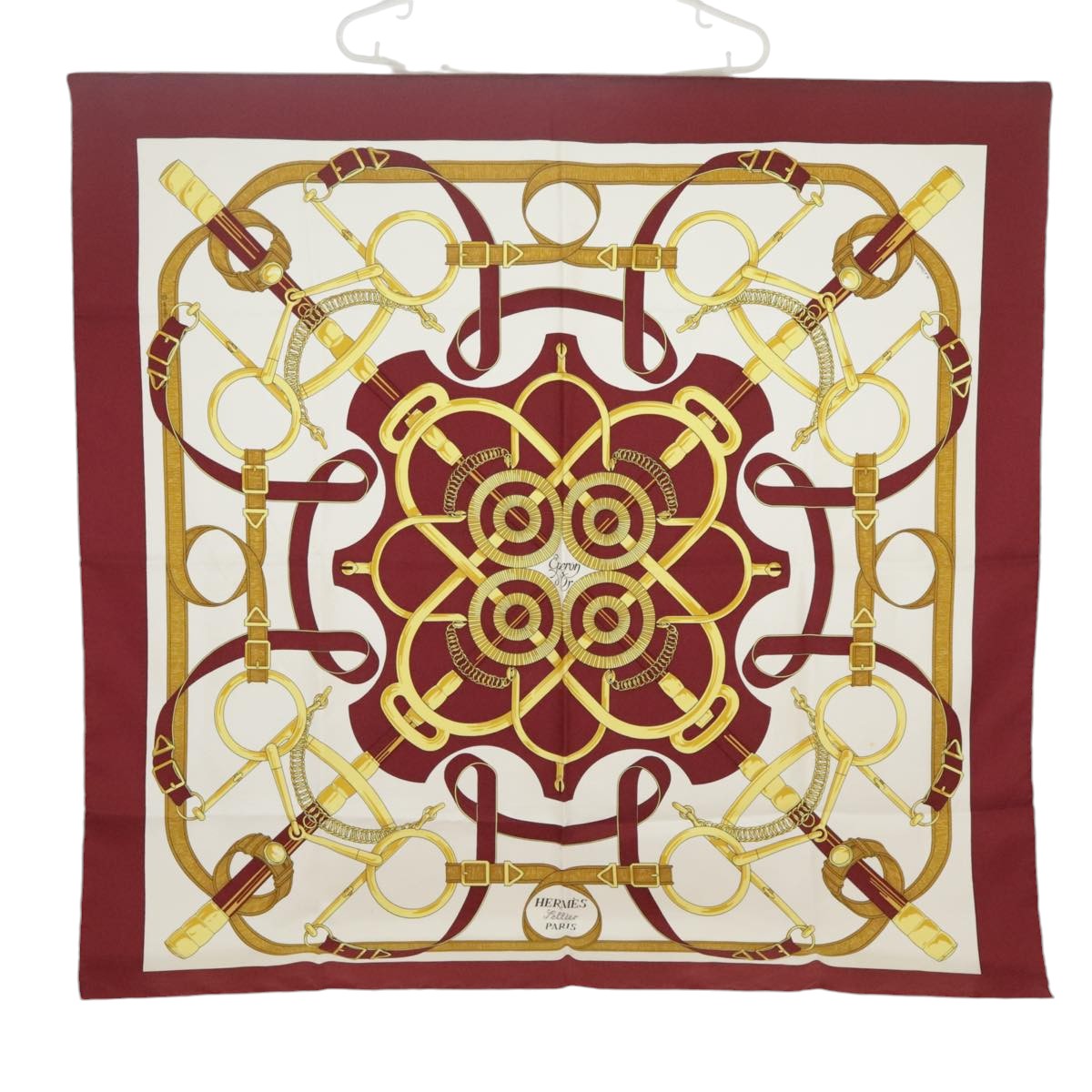 HERMES Carre 90 Scarf ""Eperon d'Or Cut N"" Silk Bordeaux White Auth bs20296