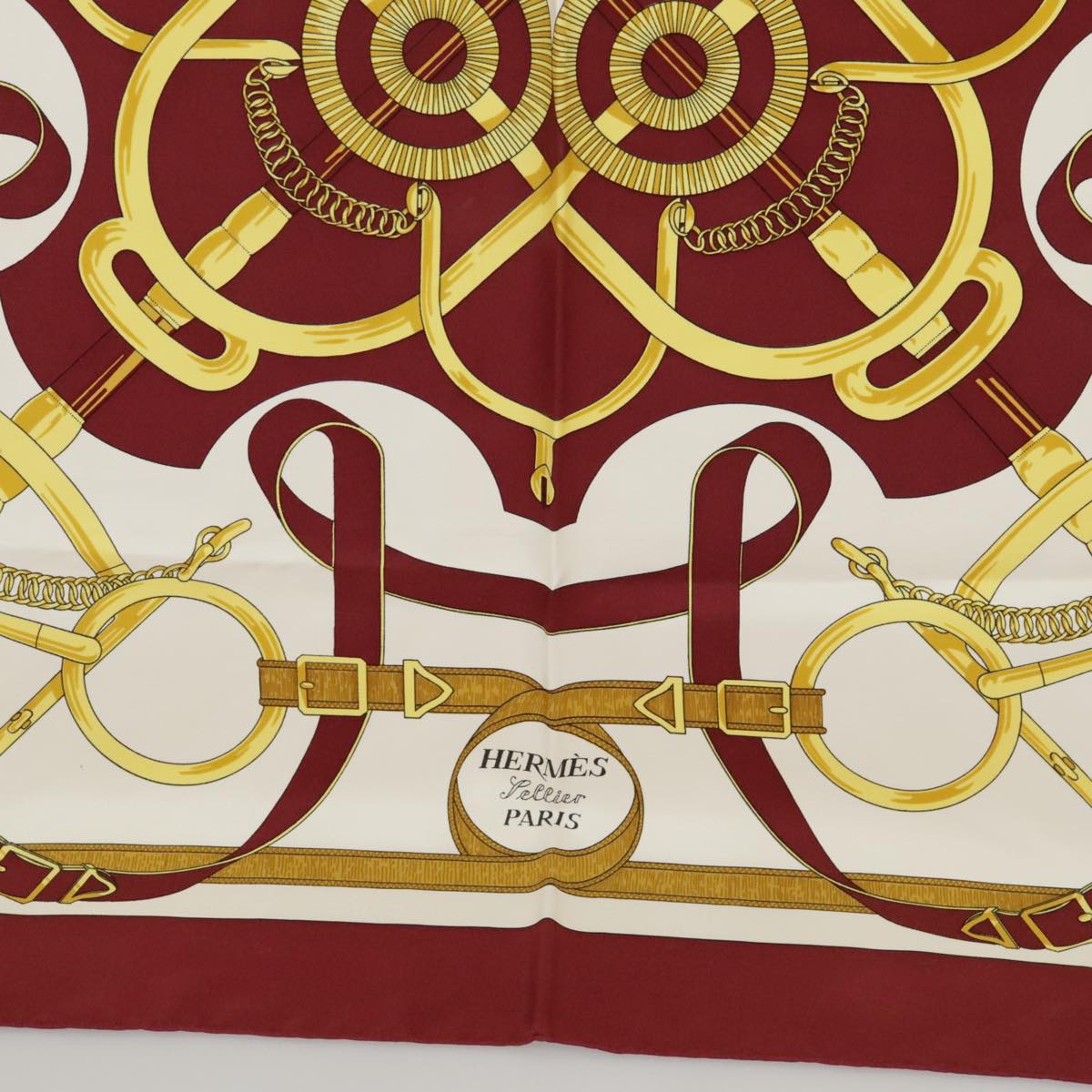 HERMES Carre 90 Scarf ""Eperon d'Or Cut N"" Silk Bordeaux White Auth bs20296