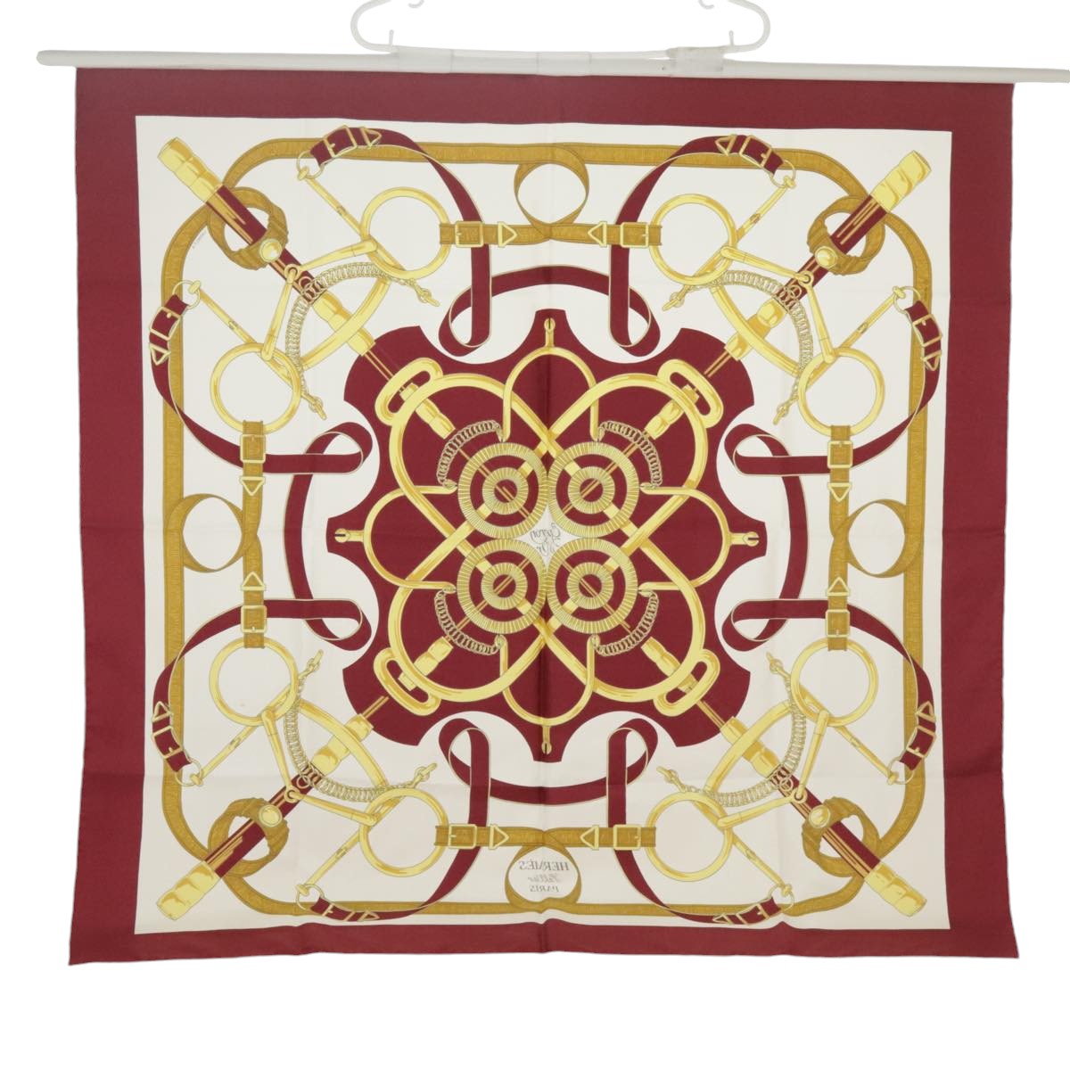 HERMES Carre 90 Scarf ""Eperon d'Or Cut N"" Silk Bordeaux White Auth bs20296 - 0