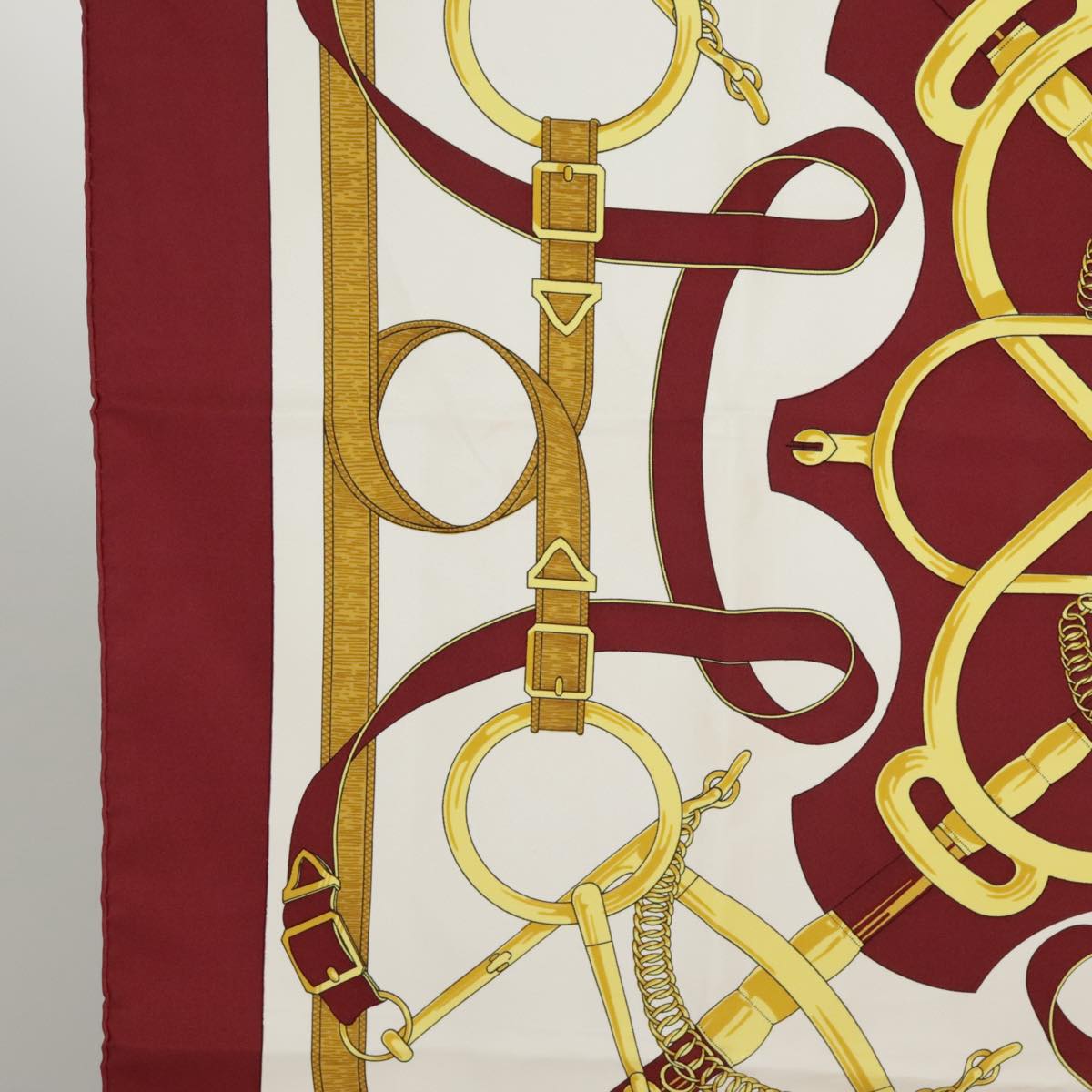 HERMES Carre 90 Scarf ""Eperon d'Or Cut N"" Silk Bordeaux White Auth bs20296