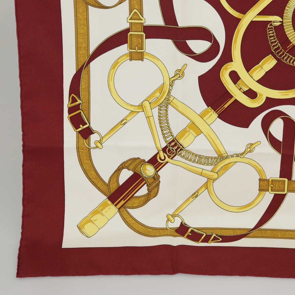 HERMES Carre 90 Scarf ""Eperon d'Or Cut N"" Silk Bordeaux White Auth bs20296