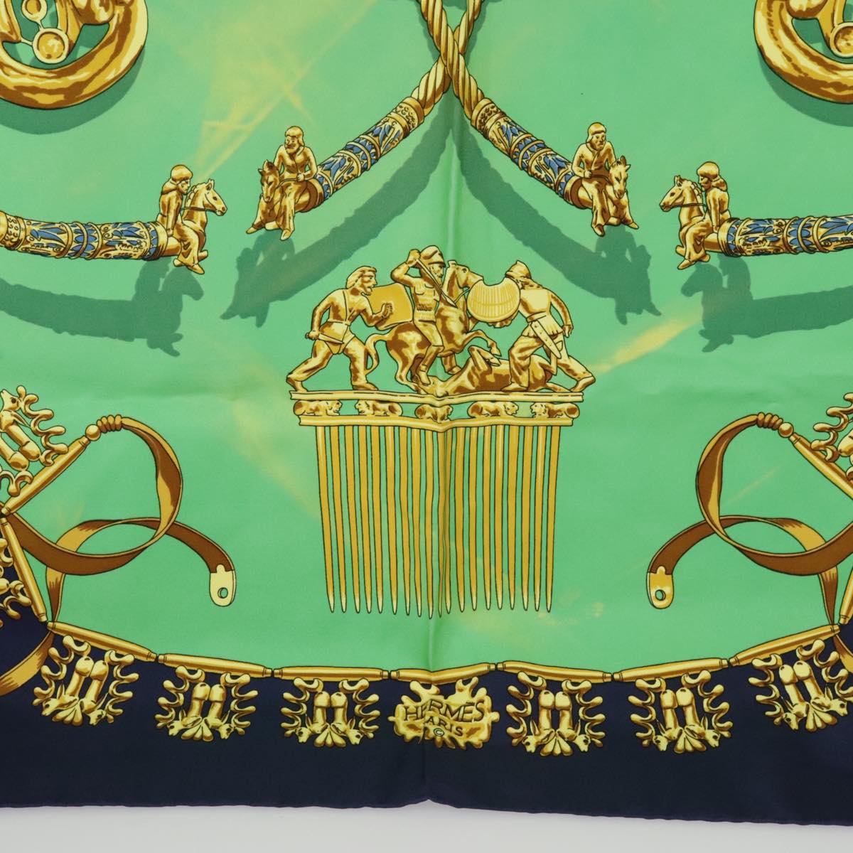 HERMES Carre 90 Scarf ""LES CAVALIERS D'OR"" Silk Navy Green Auth bs20297