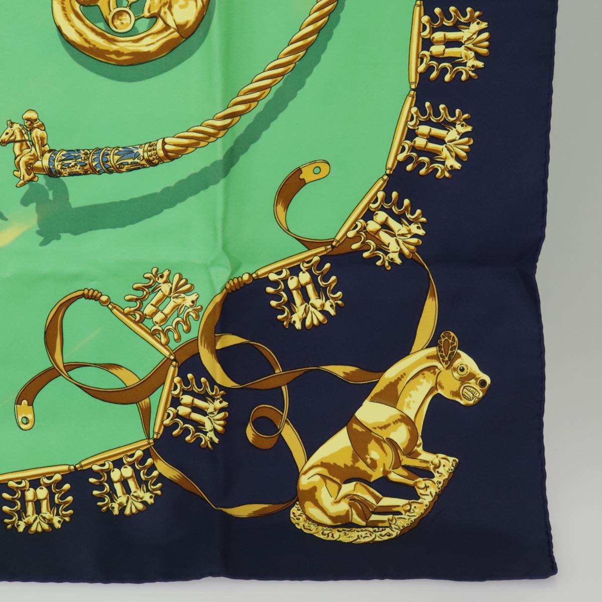 HERMES Carre 90 Scarf ""LES CAVALIERS D'OR"" Silk Navy Green Auth bs20297