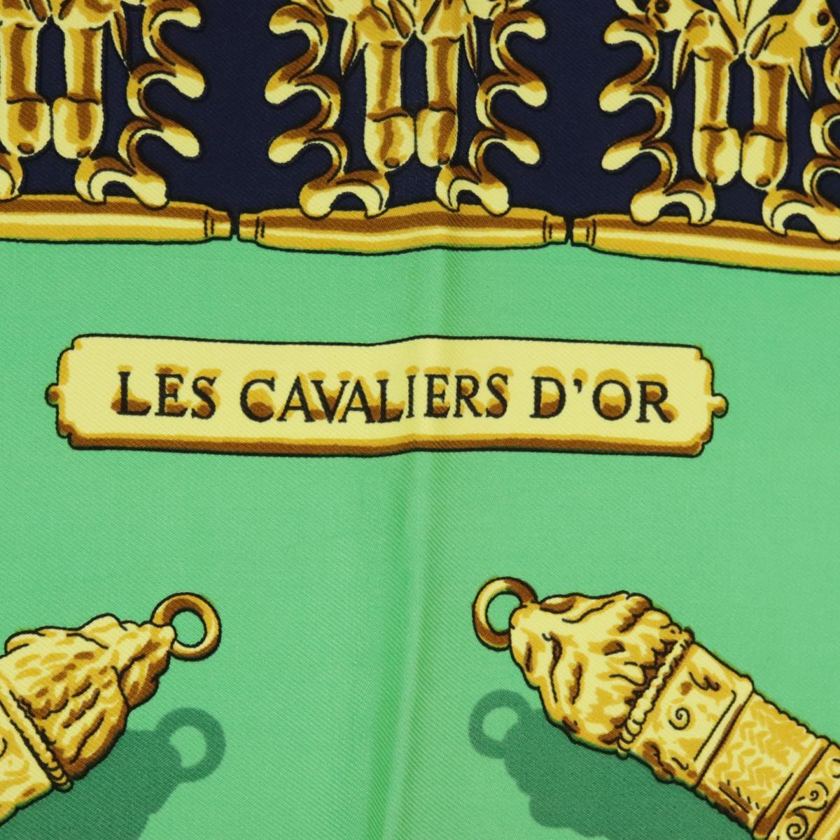 HERMES Carre 90 Scarf ""LES CAVALIERS D'OR"" Silk Navy Green Auth bs20297