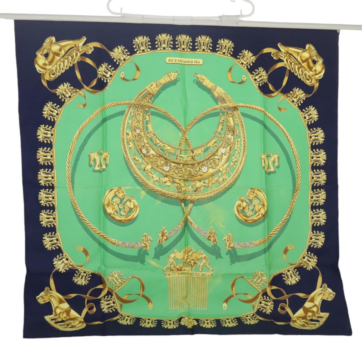 HERMES Carre 90 Scarf ""LES CAVALIERS D'OR"" Silk Navy Green Auth bs20297 - 0