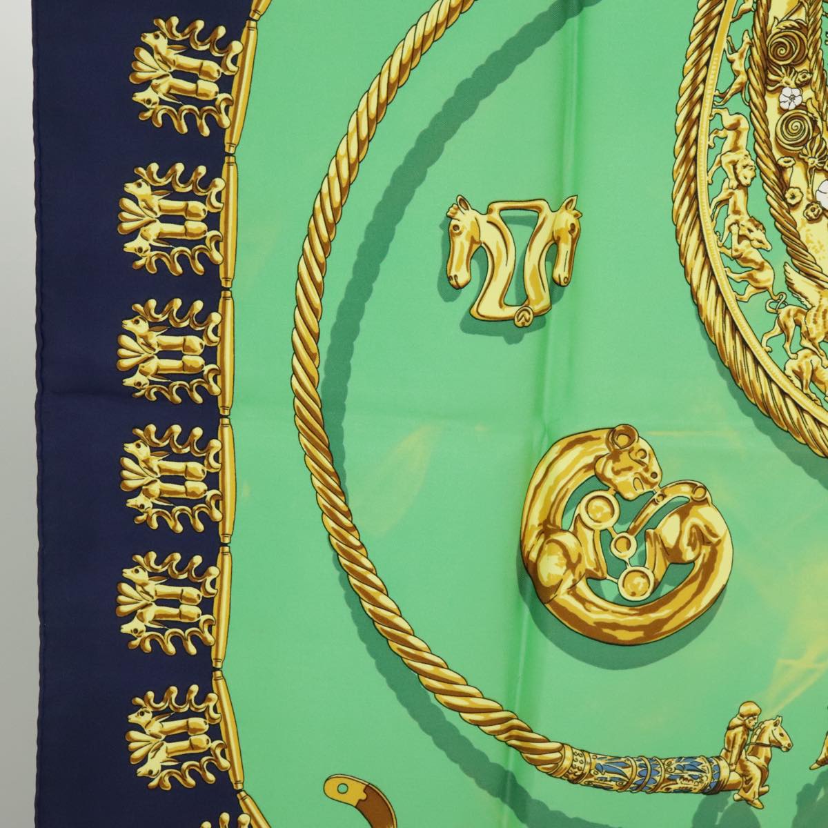 HERMES Carre 90 Scarf ""LES CAVALIERS D'OR"" Silk Navy Green Auth bs20297