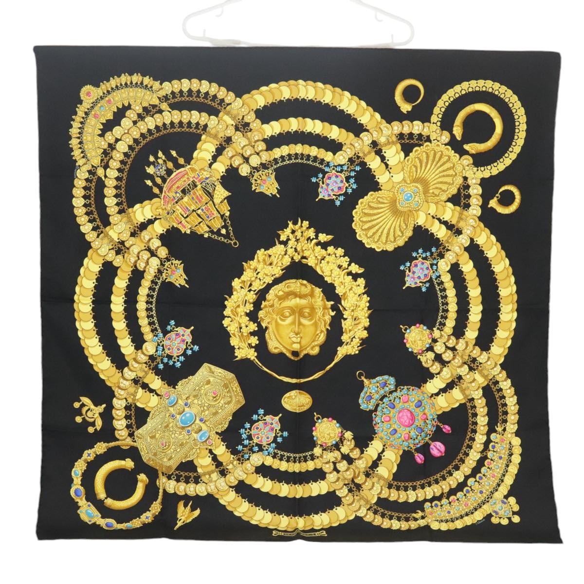 HERMES Carre 90 Scarf ""KOSMIMA"" Silk Black Yellow Auth bs20299