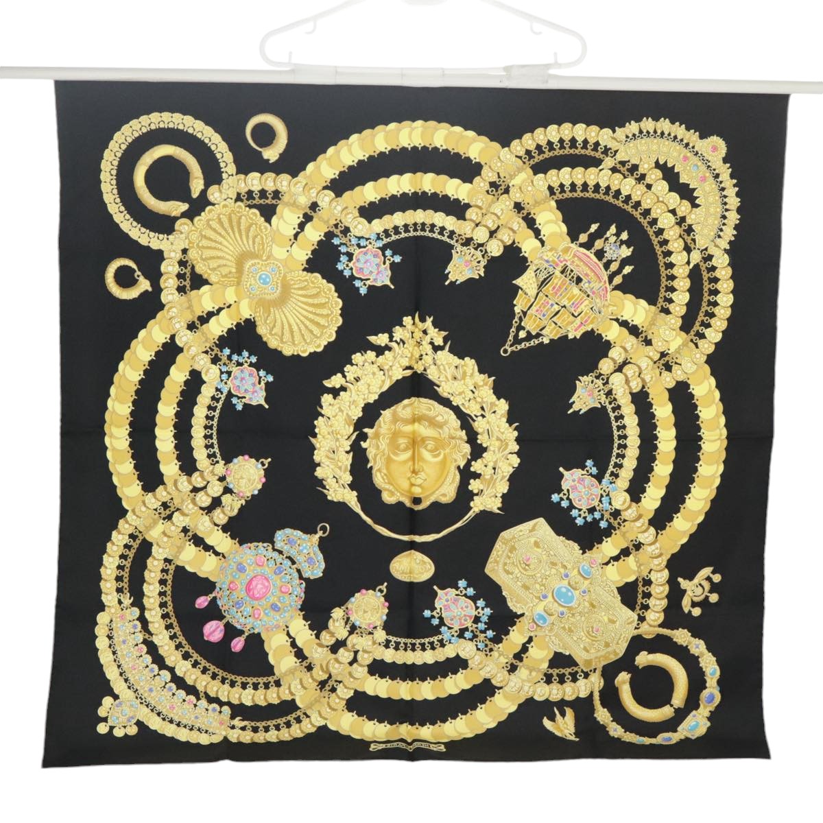 HERMES Carre 90 Scarf ""KOSMIMA"" Silk Black Yellow Auth bs20299 - 0