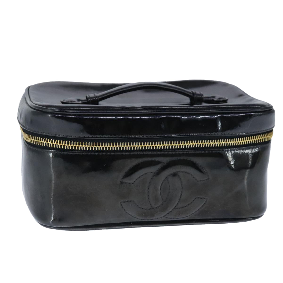 CHANEL Vanity Pouch Enamel Black Gold CC Auth bs20306