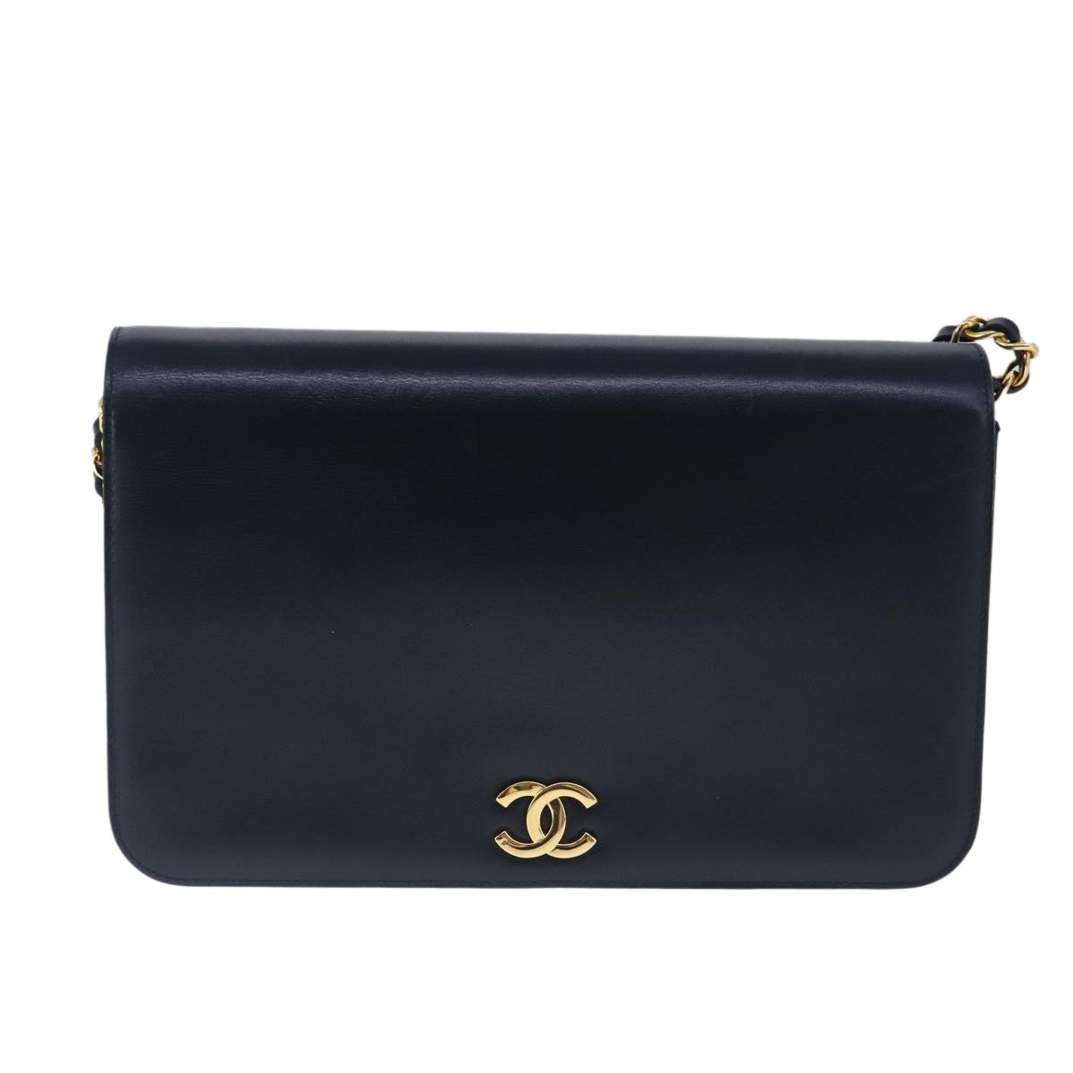 CHANEL Matelasse Chain Shoulder Bag Leather Navy Gold CC Auth bs20308