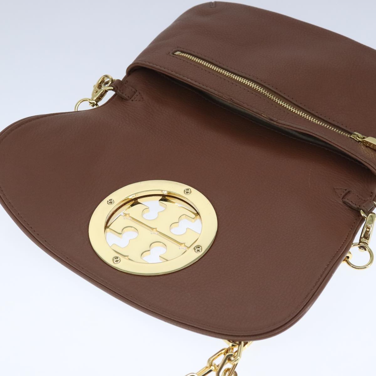 TORY BURCH Chain Shoulder Bag Leather Brown Gold Auth bs20328