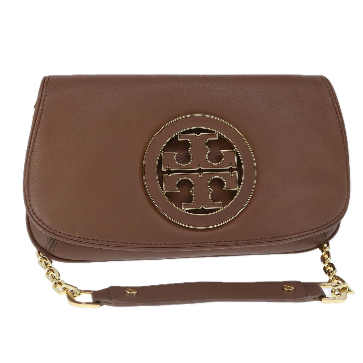 TORY BURCH Chain Shoulder Bag Leather Brown Gold Auth bs20328