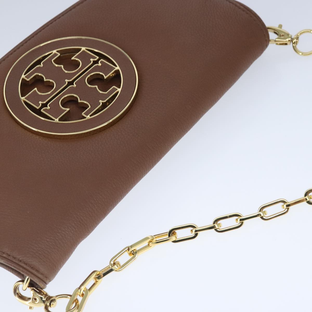 TORY BURCH Chain Shoulder Bag Leather Brown Gold Auth bs20328