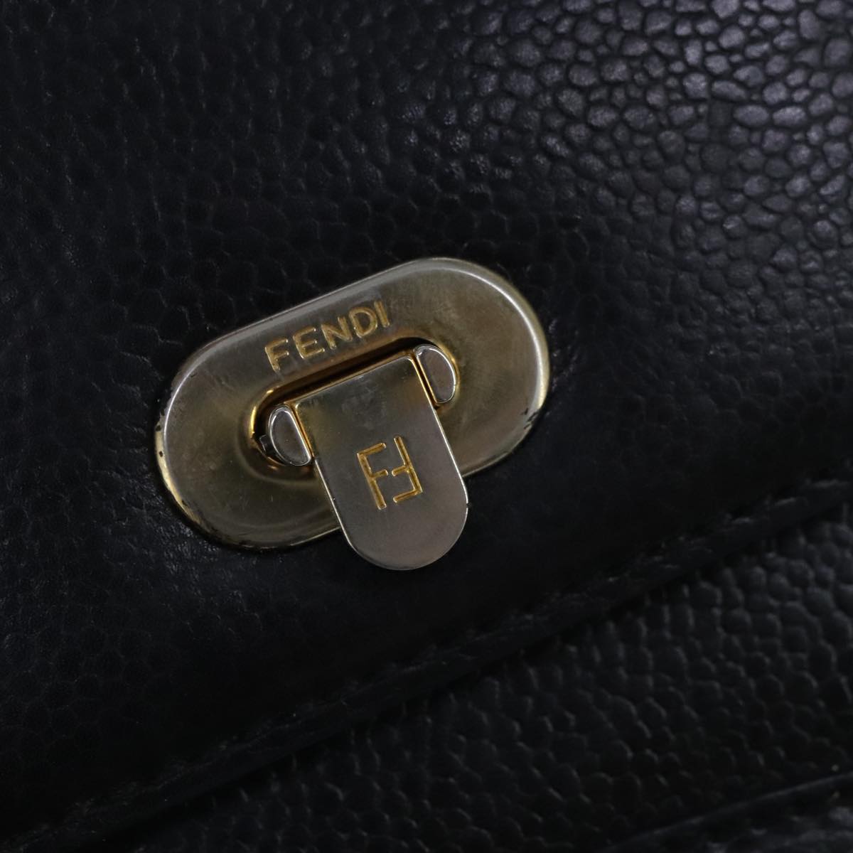 FENDI Hand Bag Leather Black Gold Auth bs20329