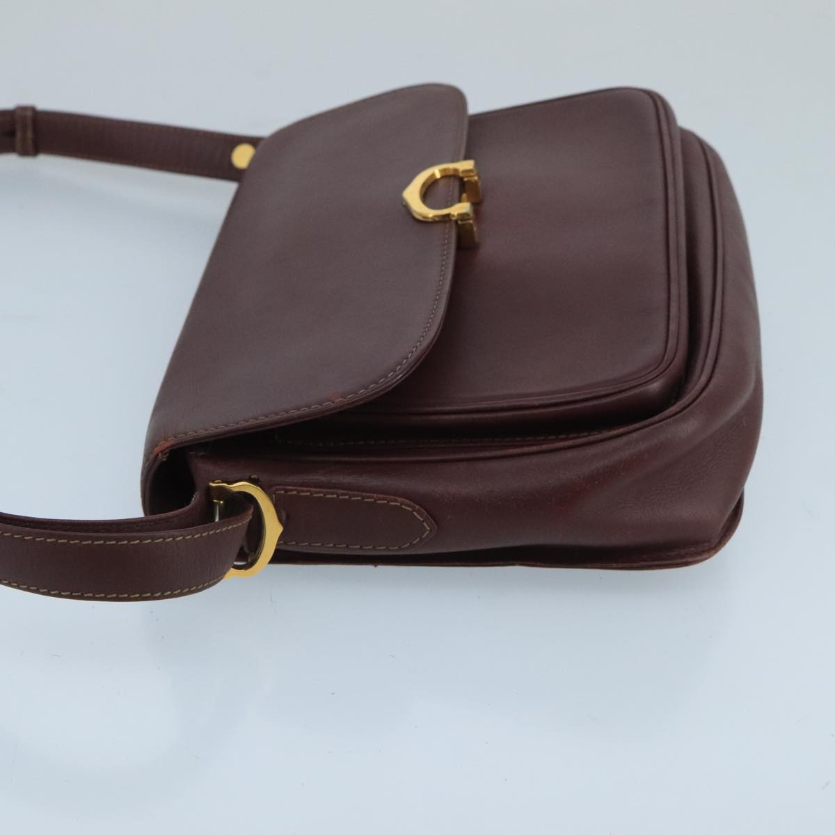 CARTIER Shoulder Bag Leather Bordeaux Gold Auth bs20330