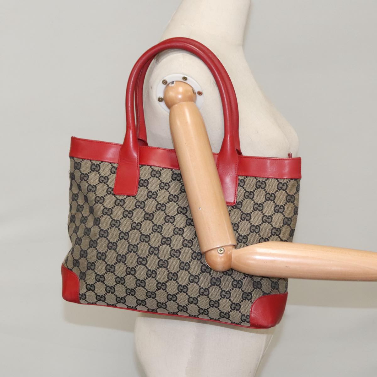 GUCCI GG Canvas Tote Bag Beige Red  Gold 002 1119 Auth bs20331