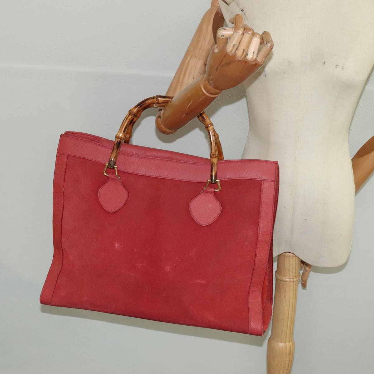 GUCCI Bamboo Hand Bag Suede Leather Red Gold 002 1186 0259 Auth bs20333