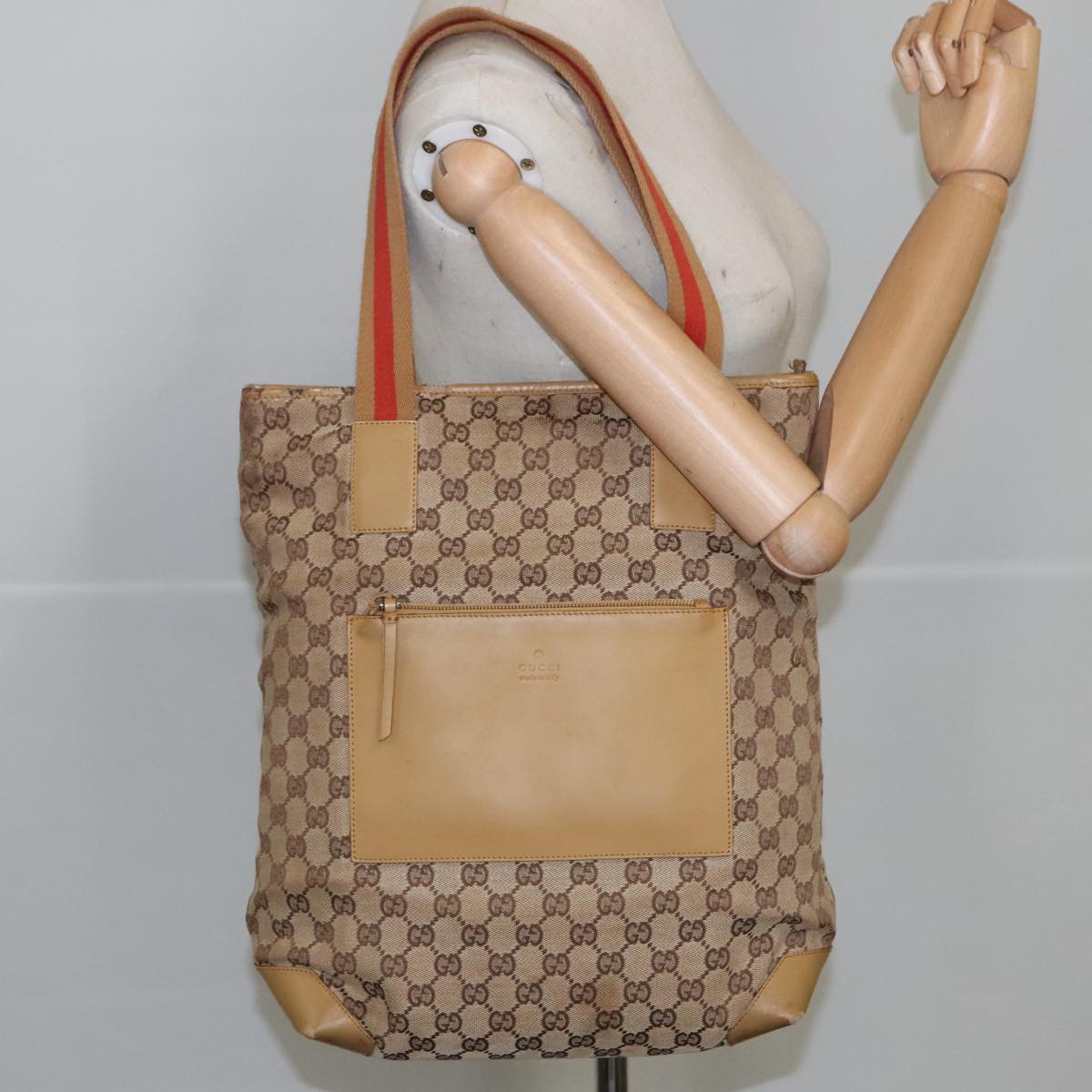 GUCCI GG Canvas Sherry Line Tote Bag Beige Red Gold 019 0401 Auth bs20335