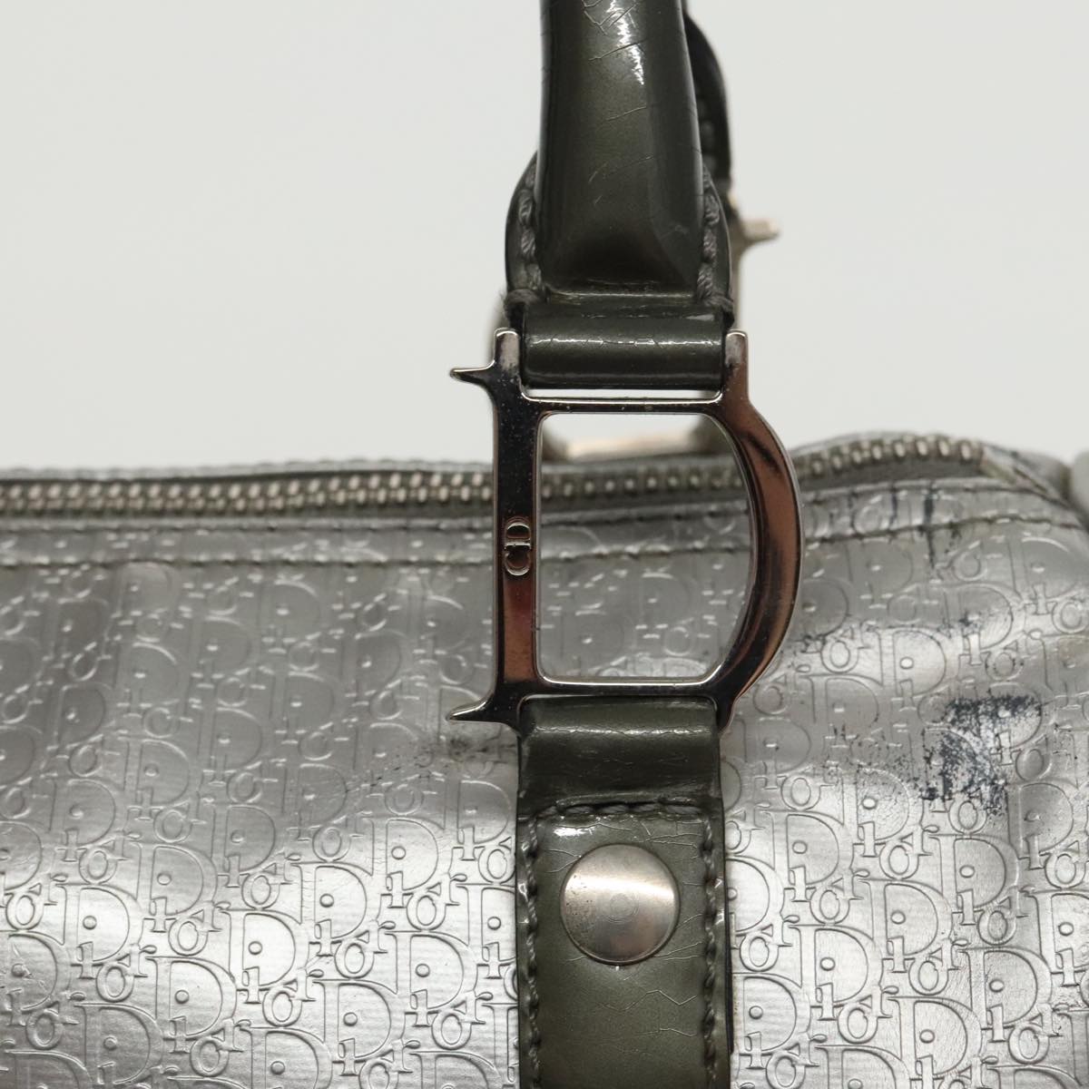 Christian Dior Trotter Canvas Mini Boston Bag Silver Auth bs20341