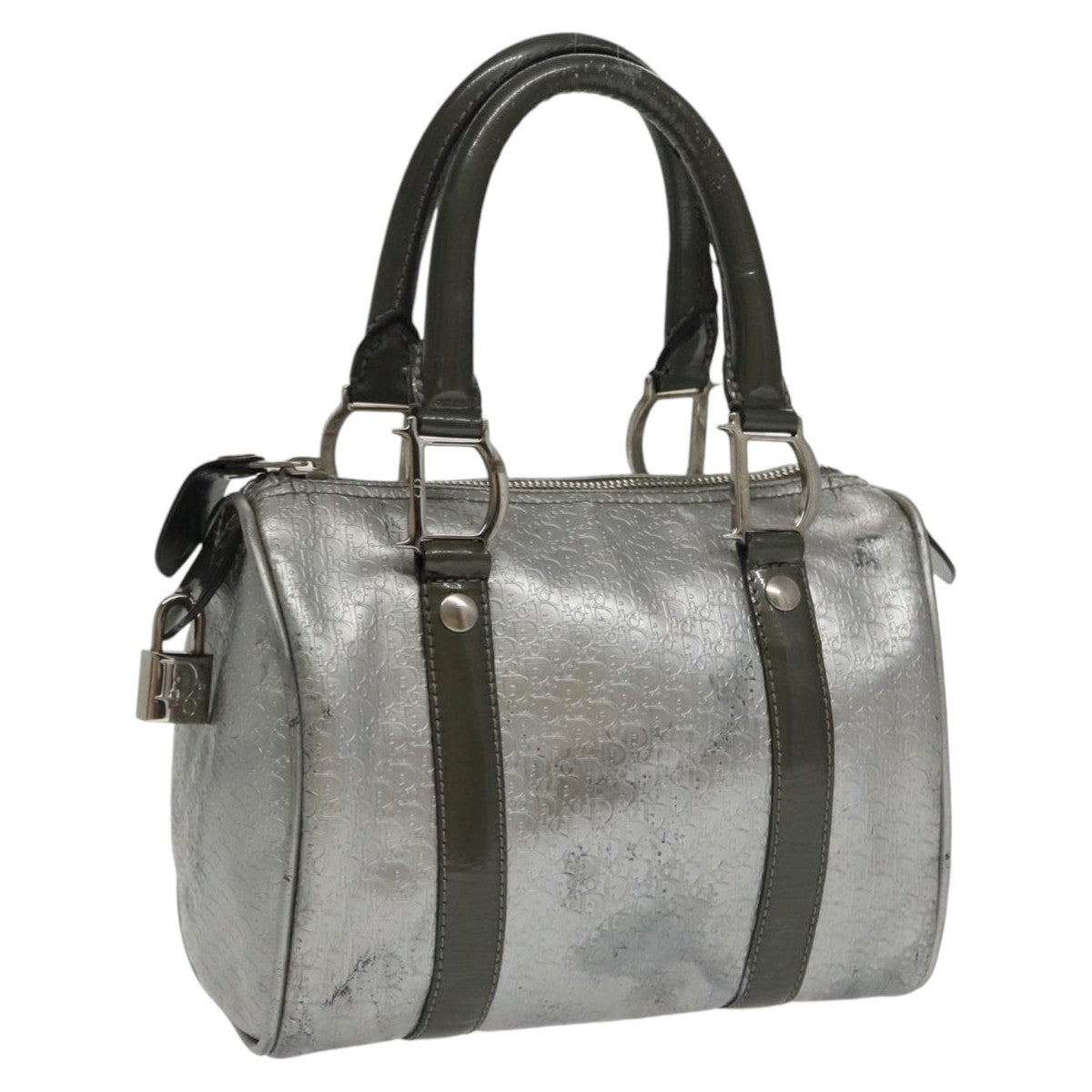 Christian Dior Trotter Canvas Mini Boston Bag Silver Auth bs20341