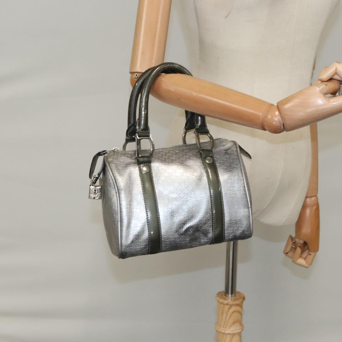 Christian Dior Trotter Canvas Mini Boston Bag Silver Auth bs20341