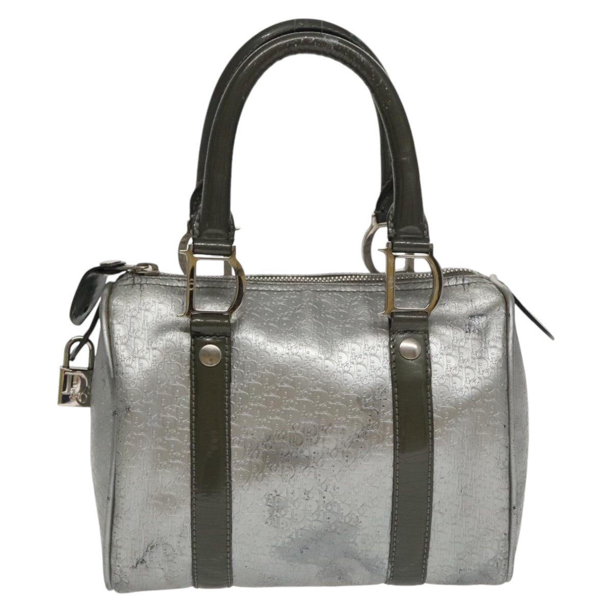 Christian Dior Trotter Canvas Mini Boston Bag Silver Auth bs20341