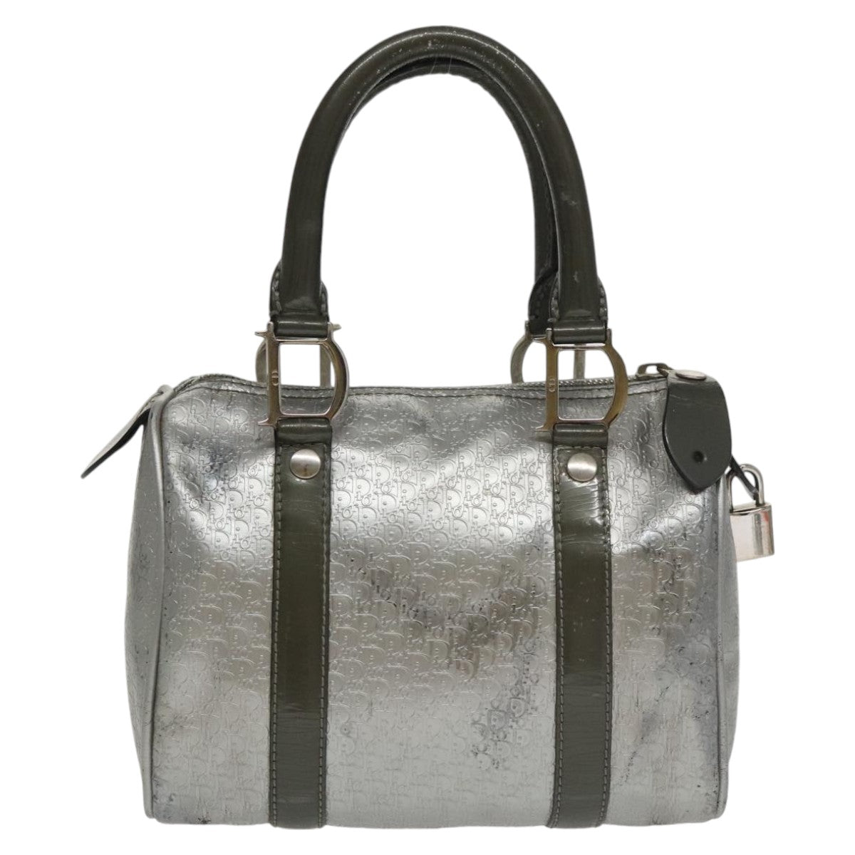 Christian Dior Trotter Canvas Mini Boston Bag Silver Auth bs20341