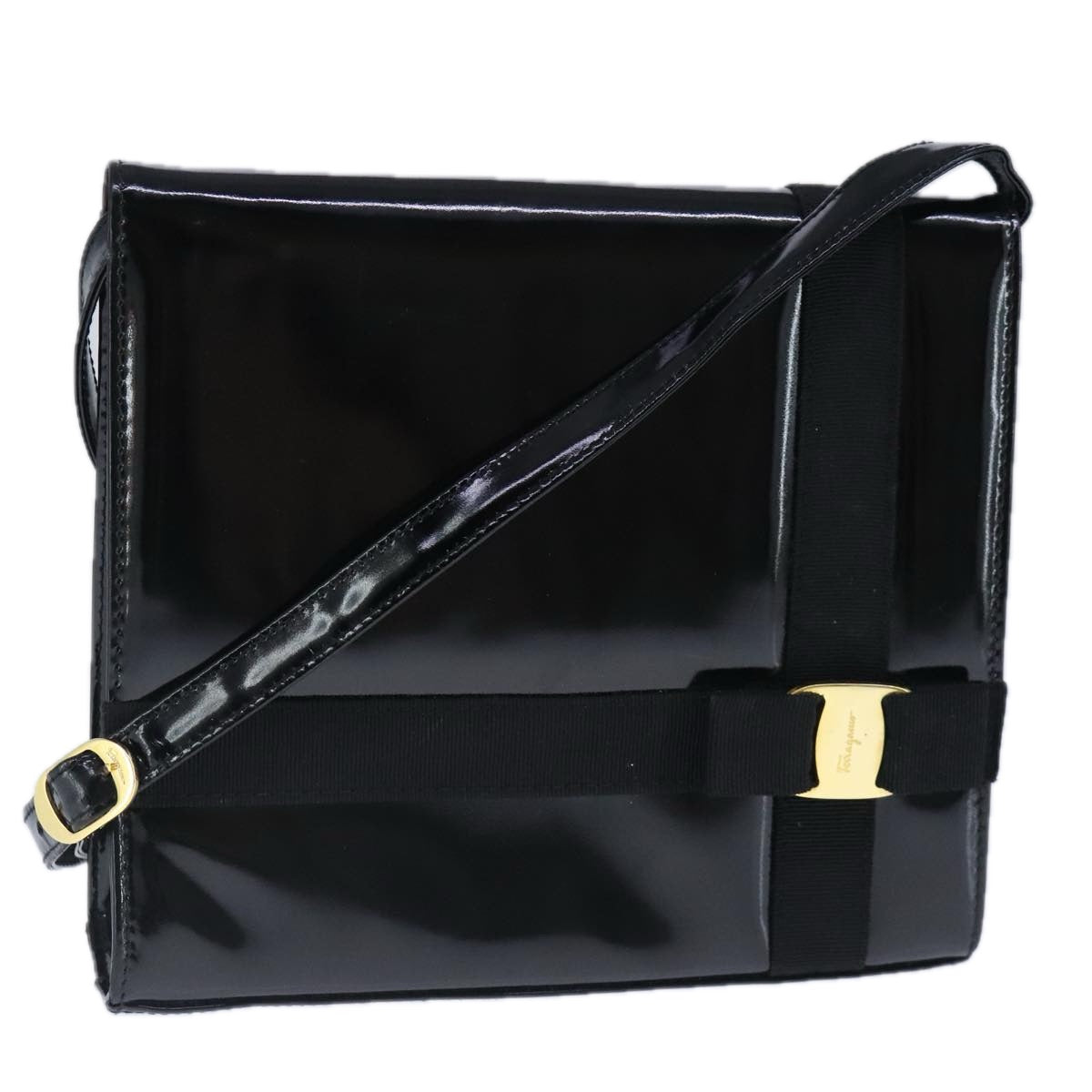 Salvatore Ferragamo Shoulder Bag Enamel Black Gold Auth bs20343