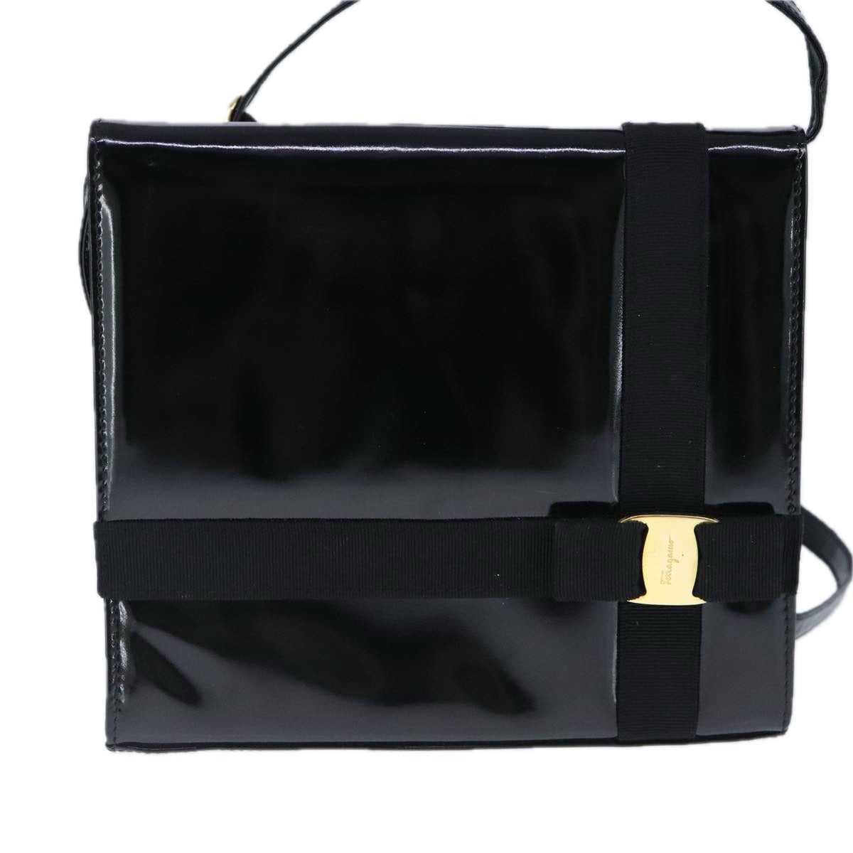 Salvatore Ferragamo Shoulder Bag Enamel Black Gold Auth bs20343 - 0