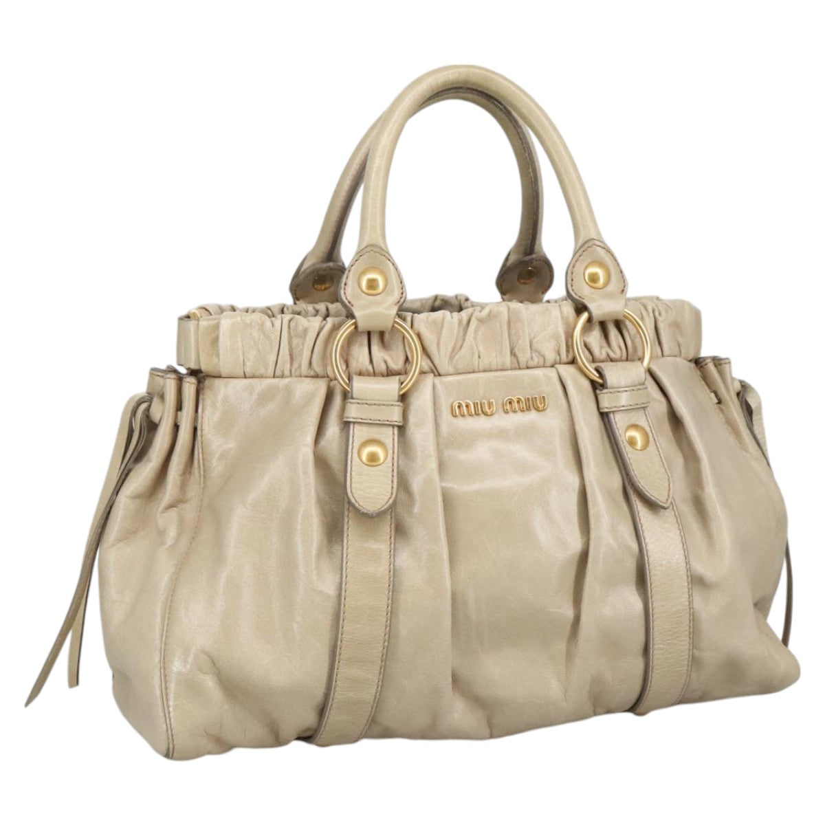 Miu Miu Hand Bag Leather Beige Gold Auth bs20350